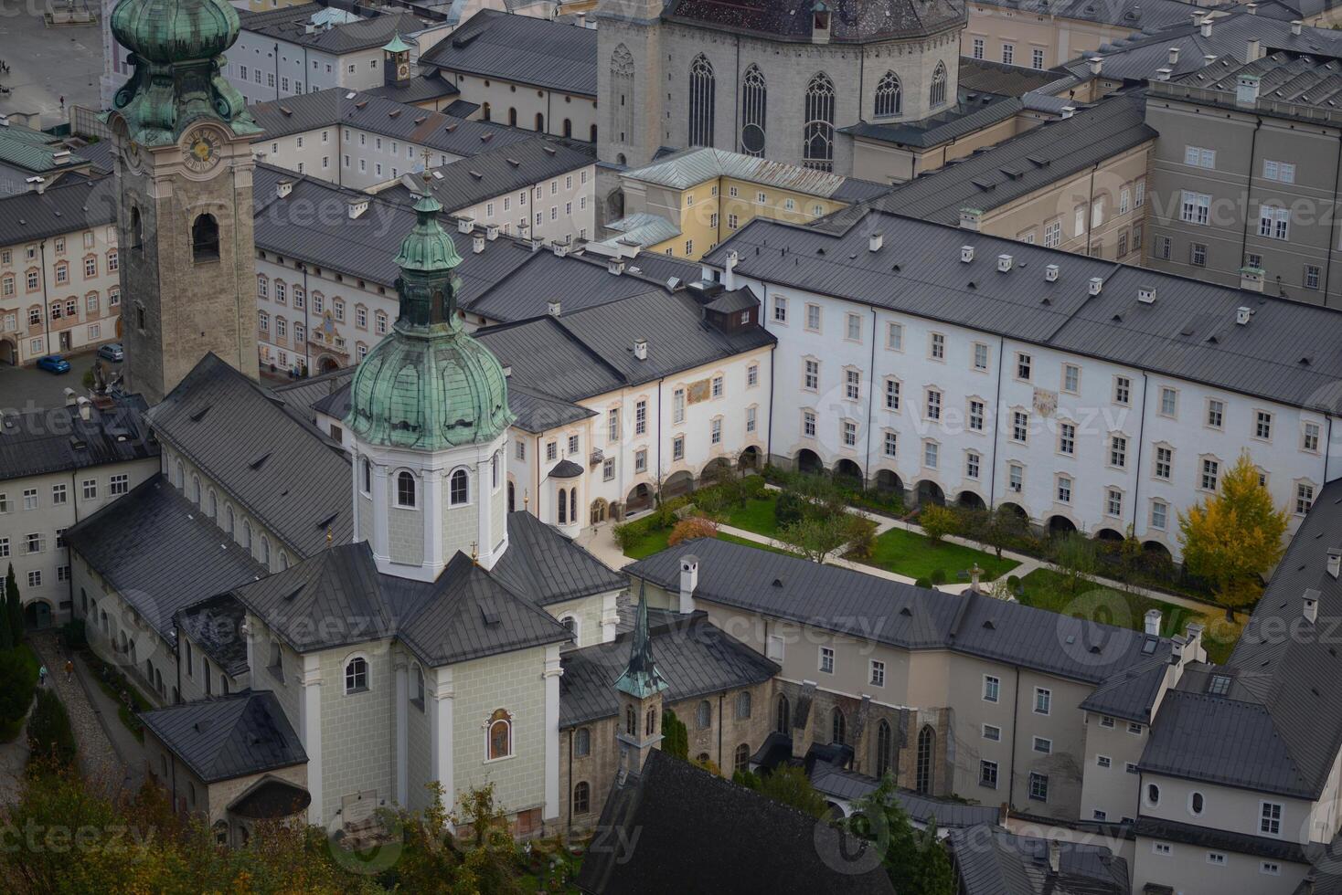Panoramic view of the center of Salzburg old town with Saints Rupert and Vergilius cathedral close up from above photo