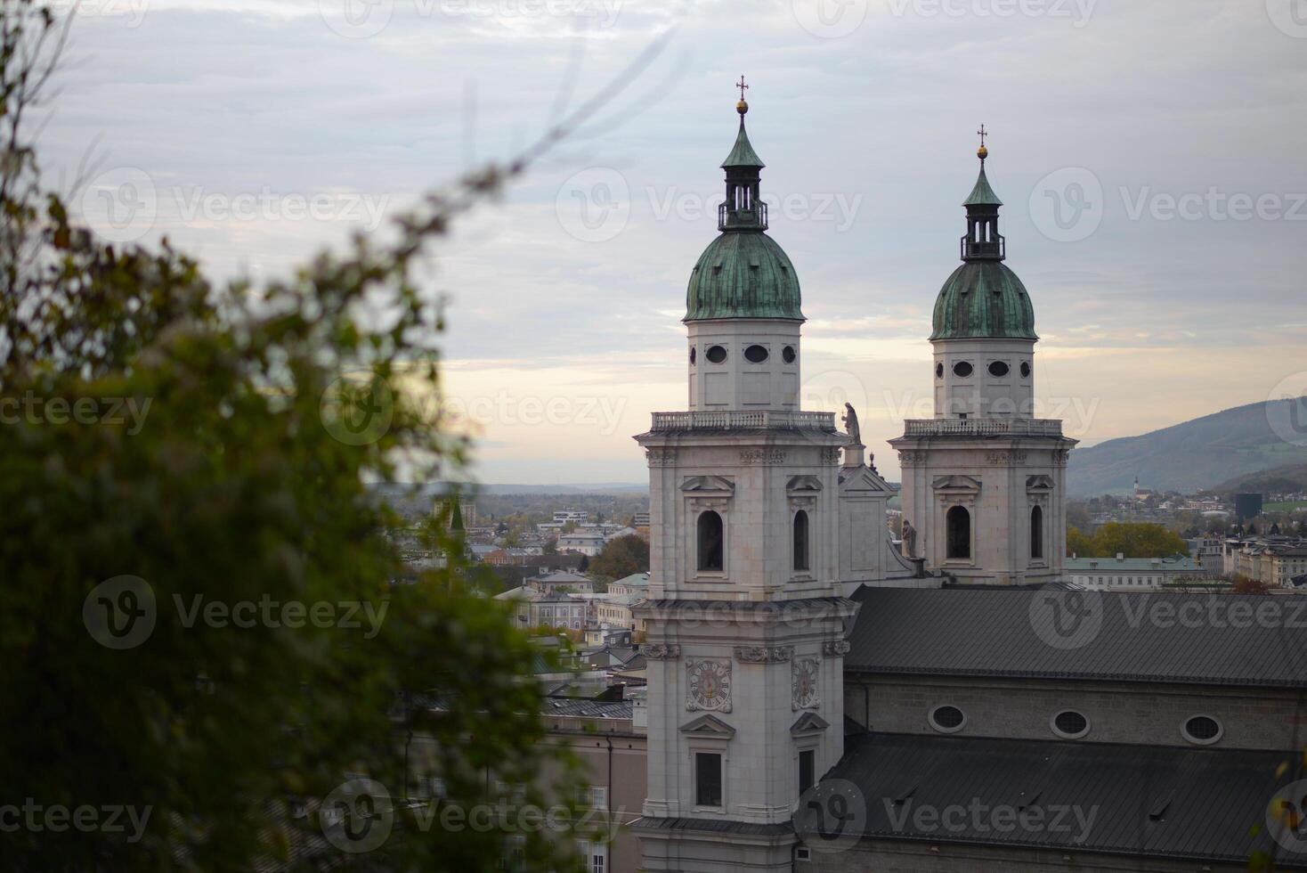 Autumn sunset panoramic view of the Saints Rupert and Vergilius cathedral in Salzburg photo