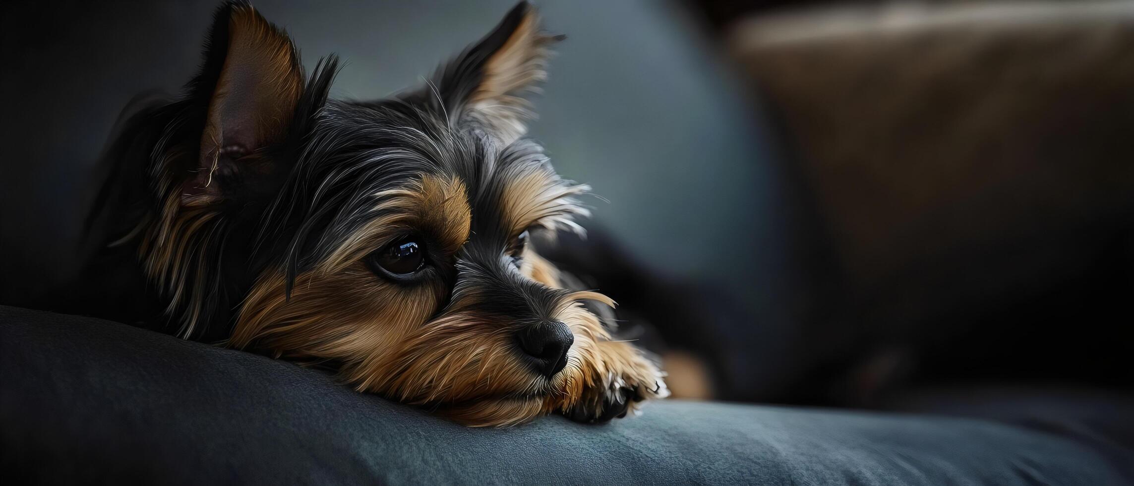 A close-up of a Yorkshire Terrier puppy with long, silky fur. The puppy has a dark brown and black coat, with large, dark eyes. photo