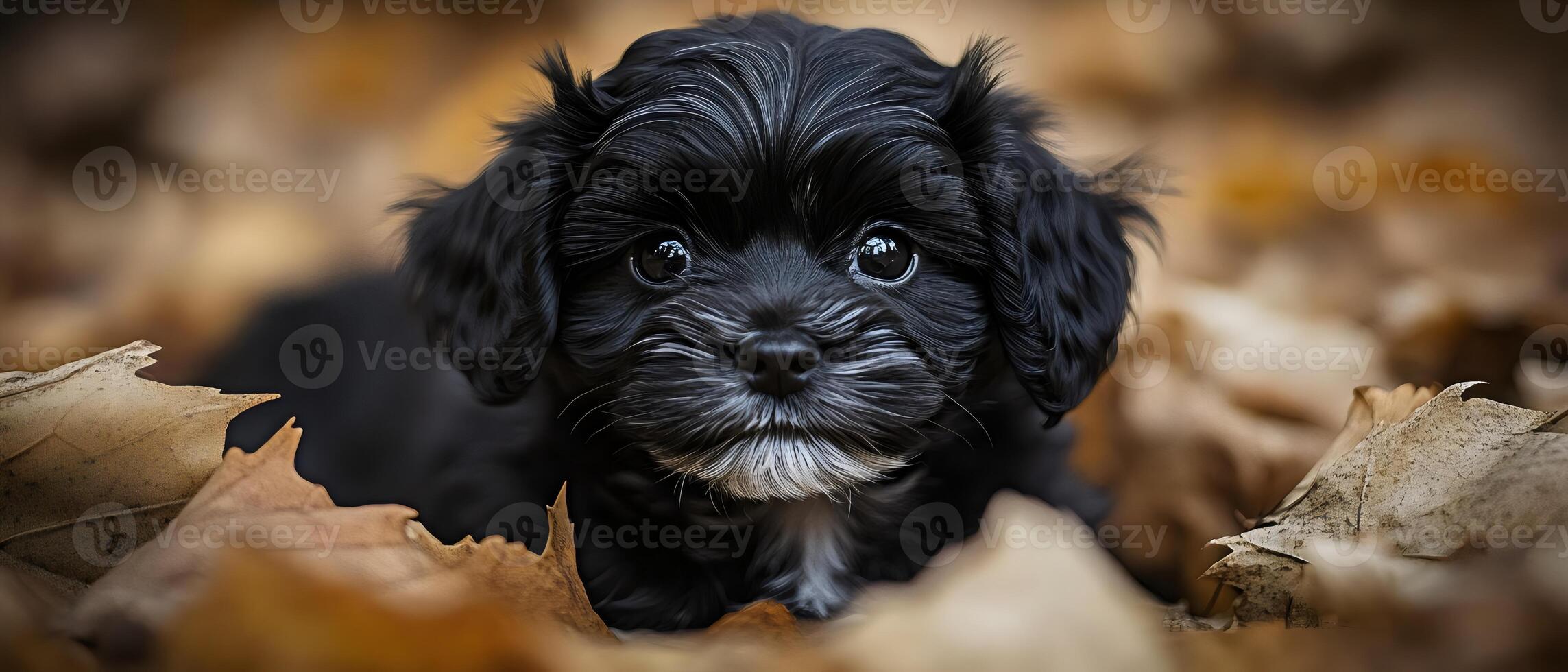 A fluffy black Havanese puppy with bright eyes is nestled among vibrant autumn leaves. Its adorable expression and soft fur make for a heartwarming and captivating image. photo