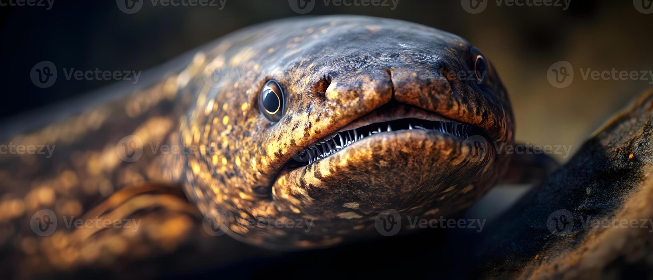 A close-up of an electric eel with a spotted pattern, its mouth open revealing sharp teeth. photo