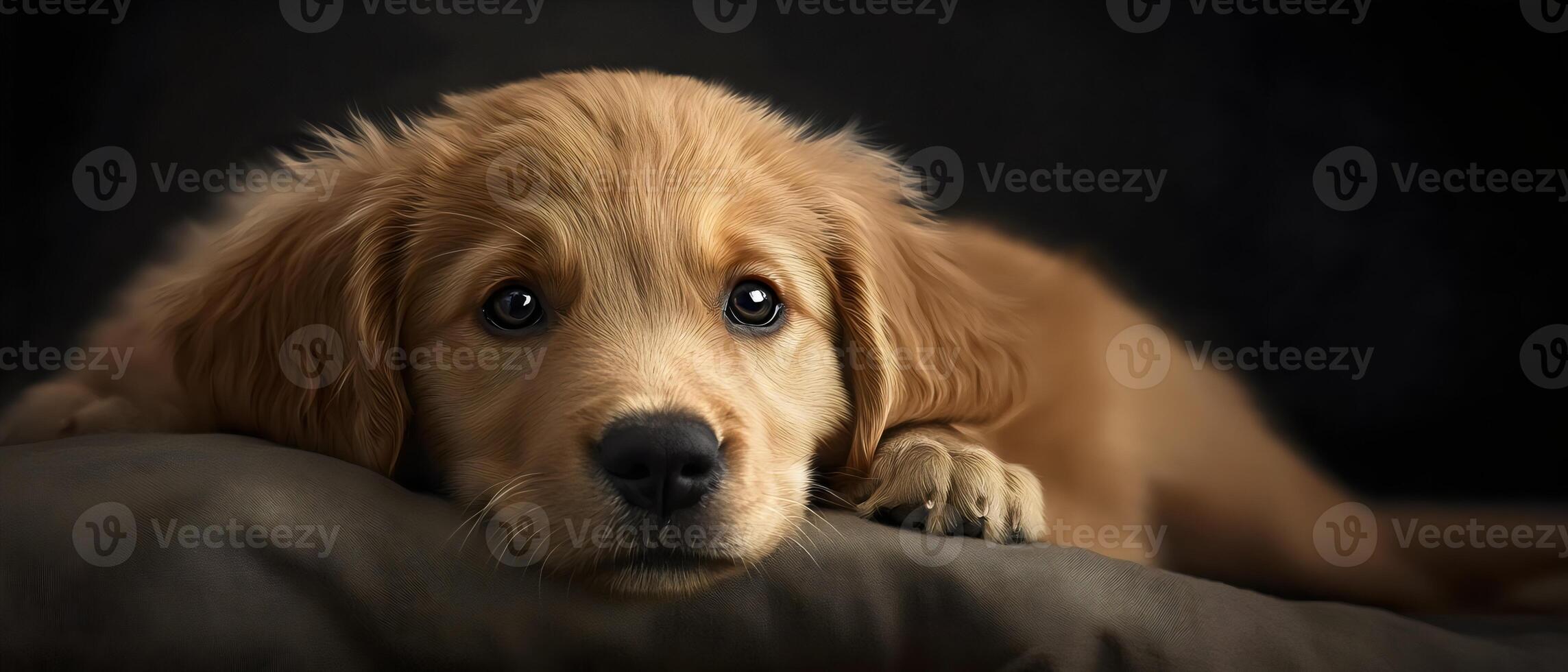 A close-up of an adorable Golden Retriever puppy with soft, golden fur. The puppy is resting its head on a brown cushion, looking directly at the camera with big, brown eyes. photo