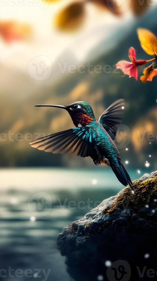 A hummingbird caught in mid-flight, its wings outstretched. The tiny bird's iridescent feathers shimmer in the sunlight, creating a breathtaking spectacle photo