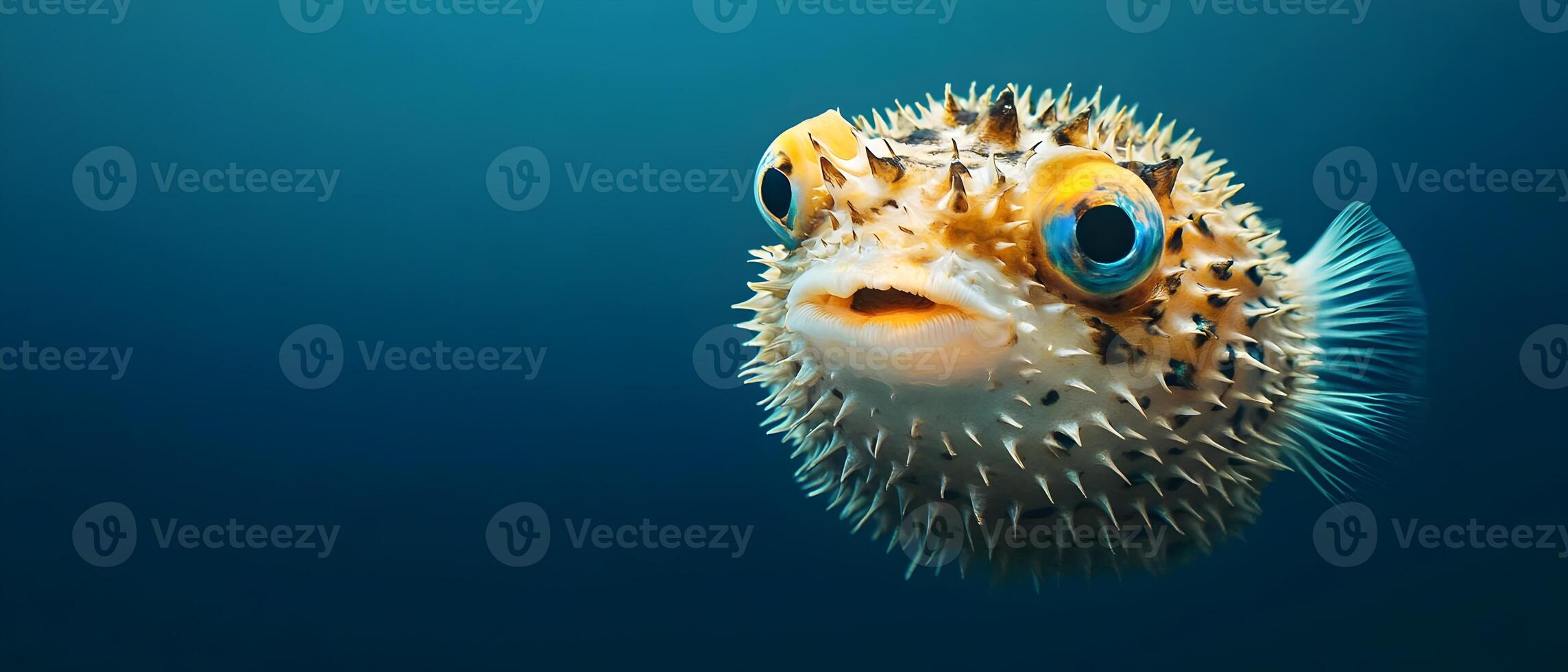 A close-up of a pufferfish with its spines extended, floating in a dark blue ocean. photo