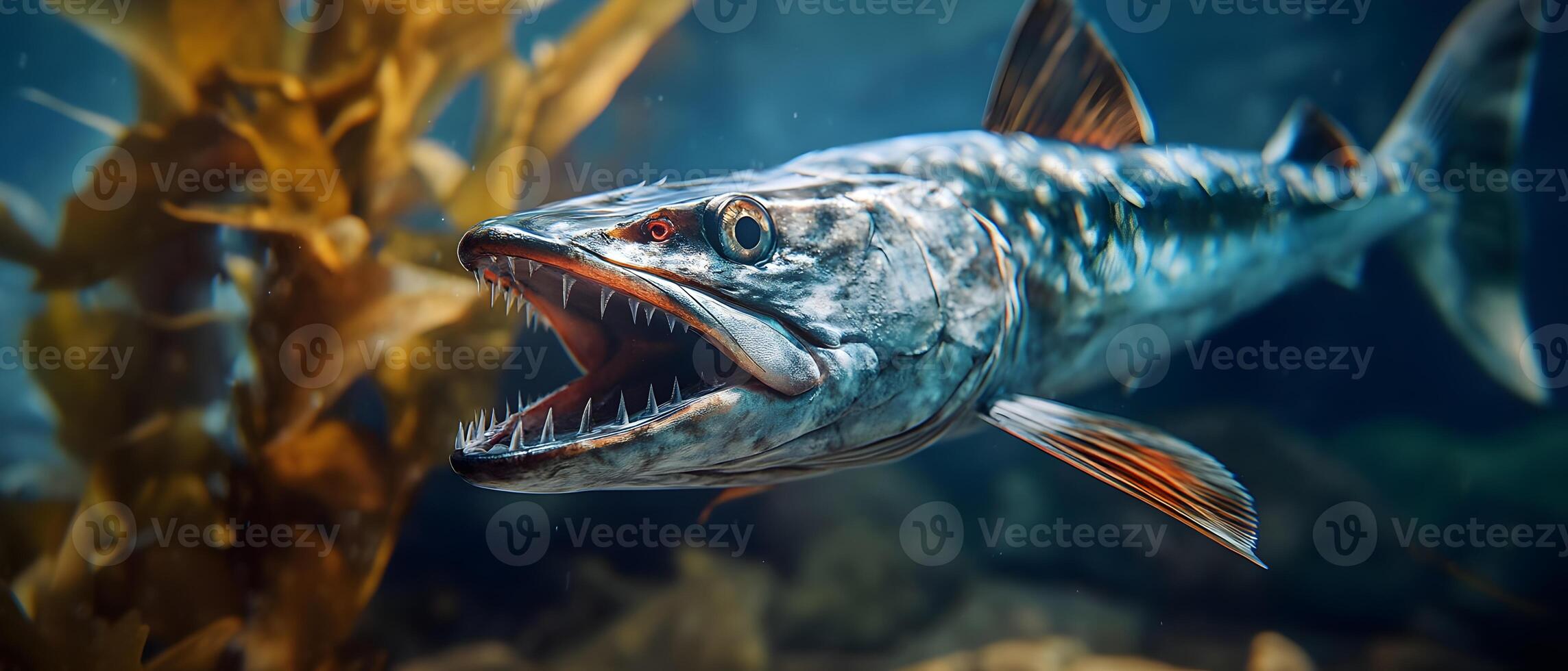 A close-up of a barracuda swimming through a kelp forest, its mouth open revealing sharp teeth. photo