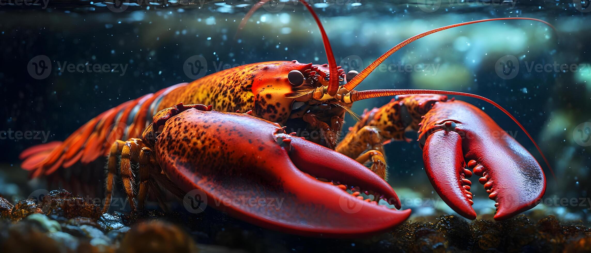 A close-up of a vibrant red lobster with large claws, sitting on a rocky ocean floor. photo