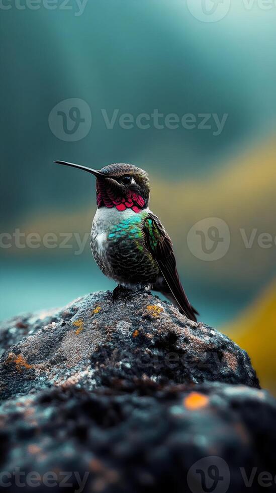 A tiny but fearless hummingbird locks its gaze on the camera, perched proudly on a rock. photo