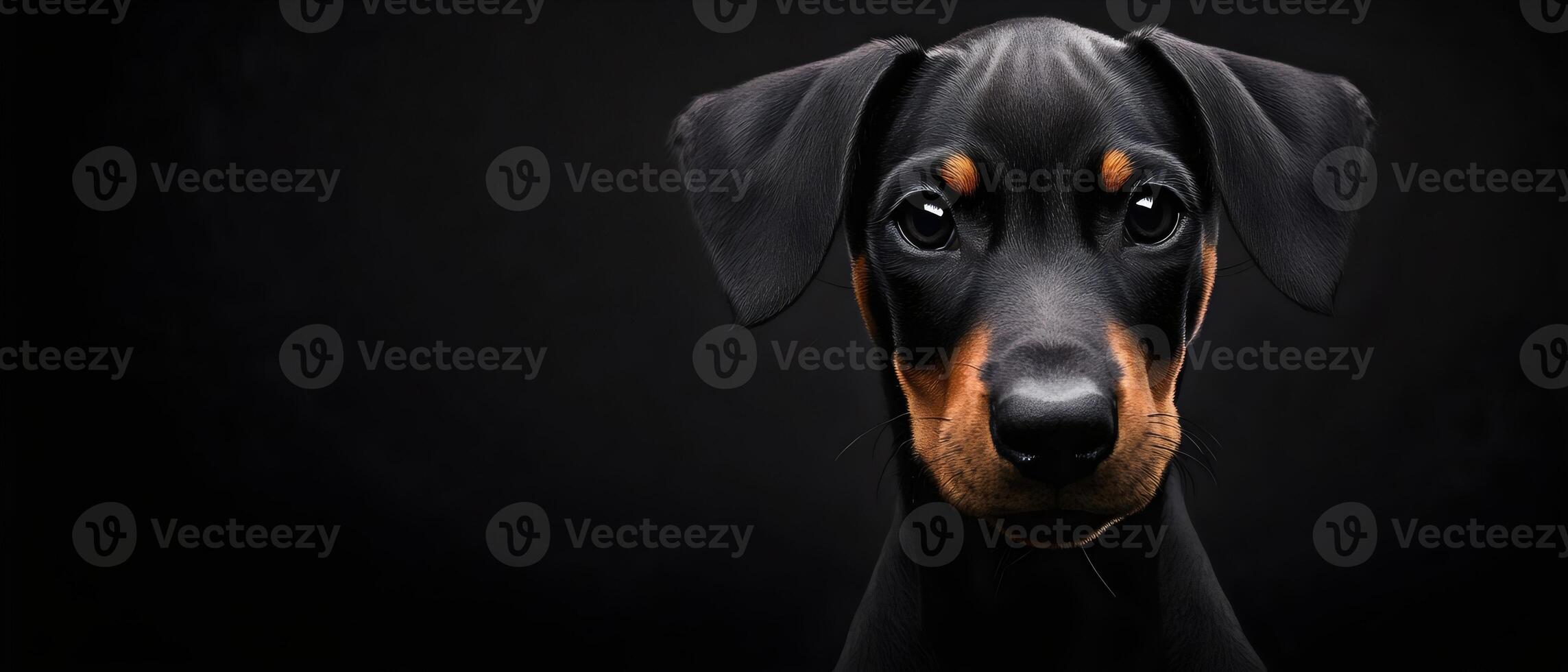 A captivating portrait of a young, black and tan Pinscher puppy with piercing dark eyes. photo