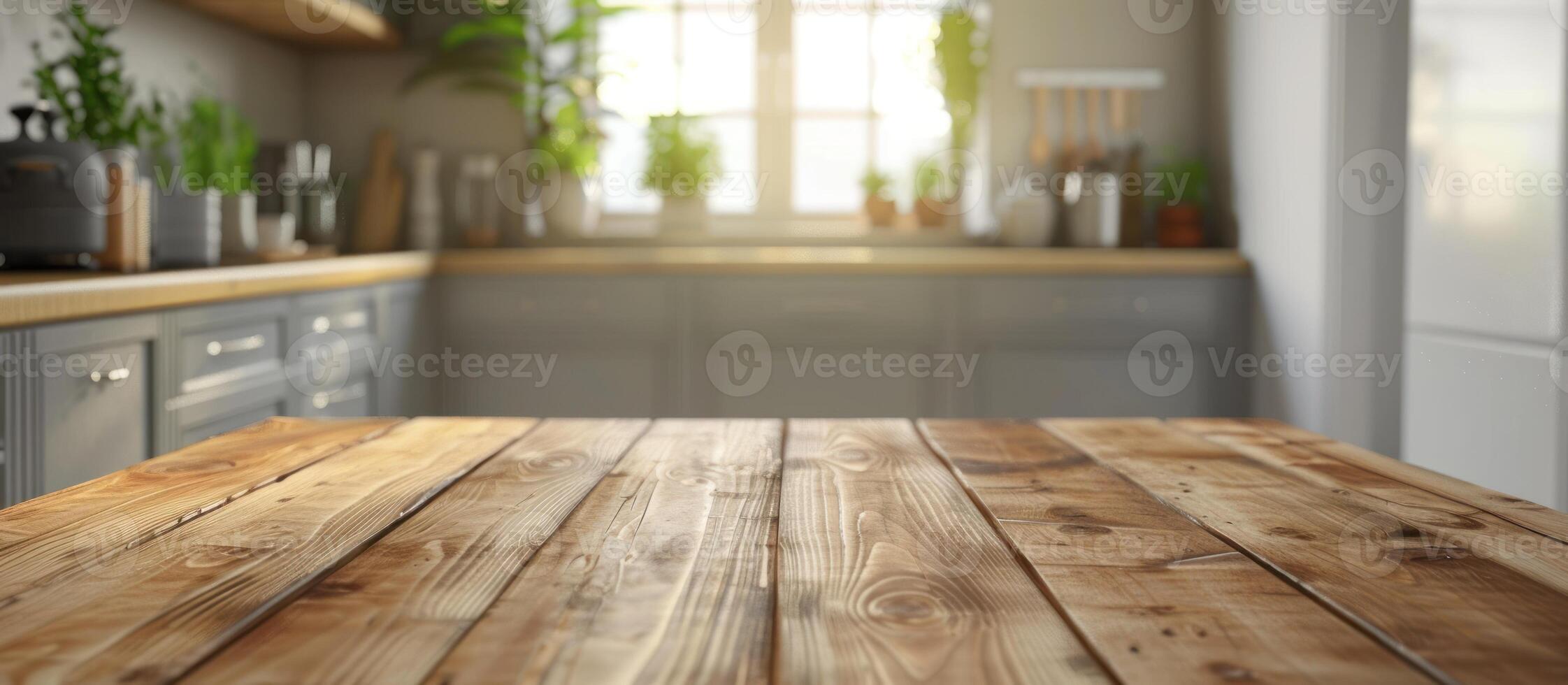 Empty wooden tabletop in scandinavian style kitchen. photo