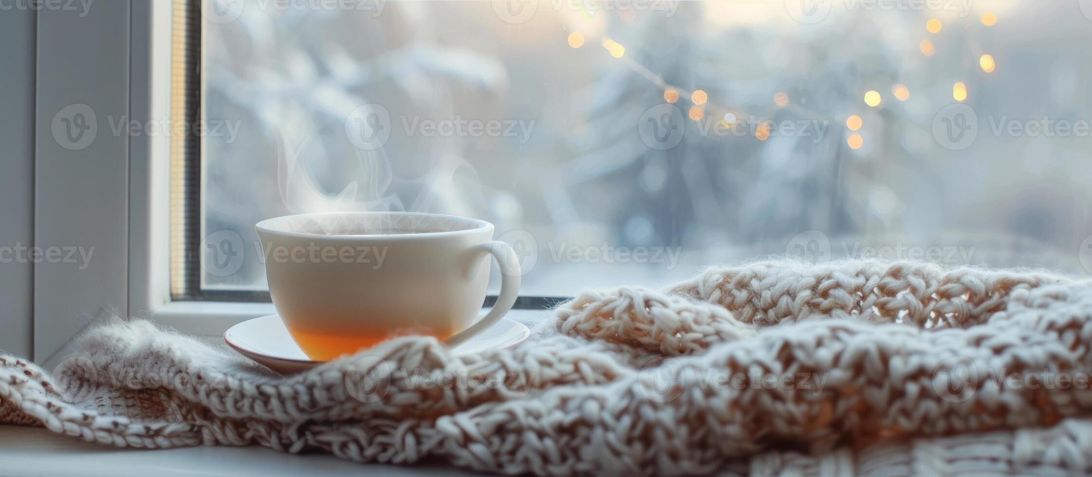 A cup of hot tea is warmed in a knitted scarf. photo