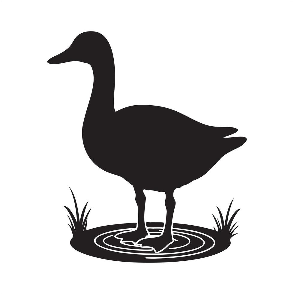 Silhouette of Duck Standing in Water with Grass Details vector