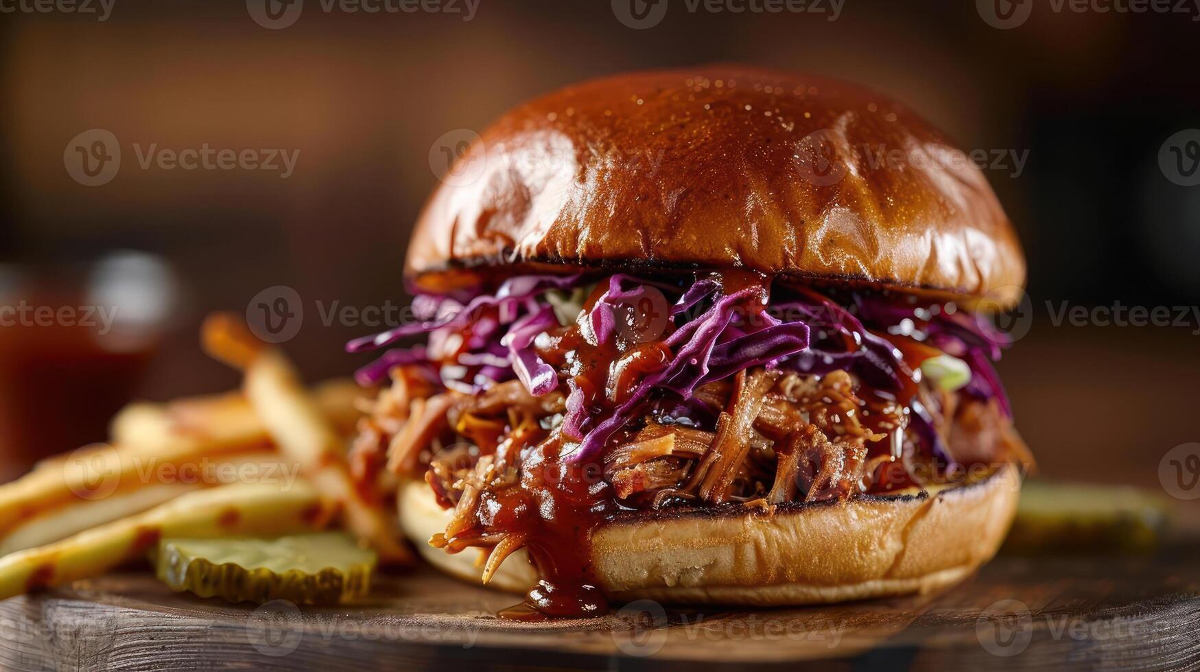 a pulled pork sandwich with coleslaw and pickles photo