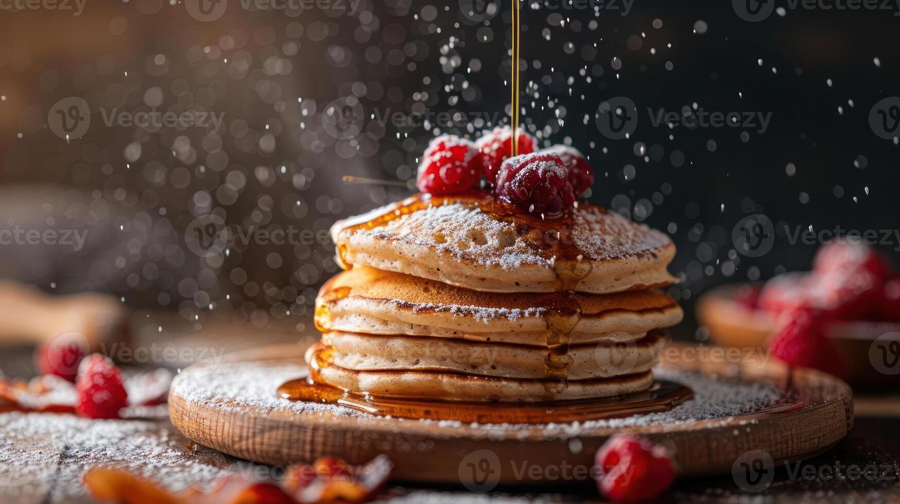 a stack of pancakes covered in powdered sugar and raspberries photo