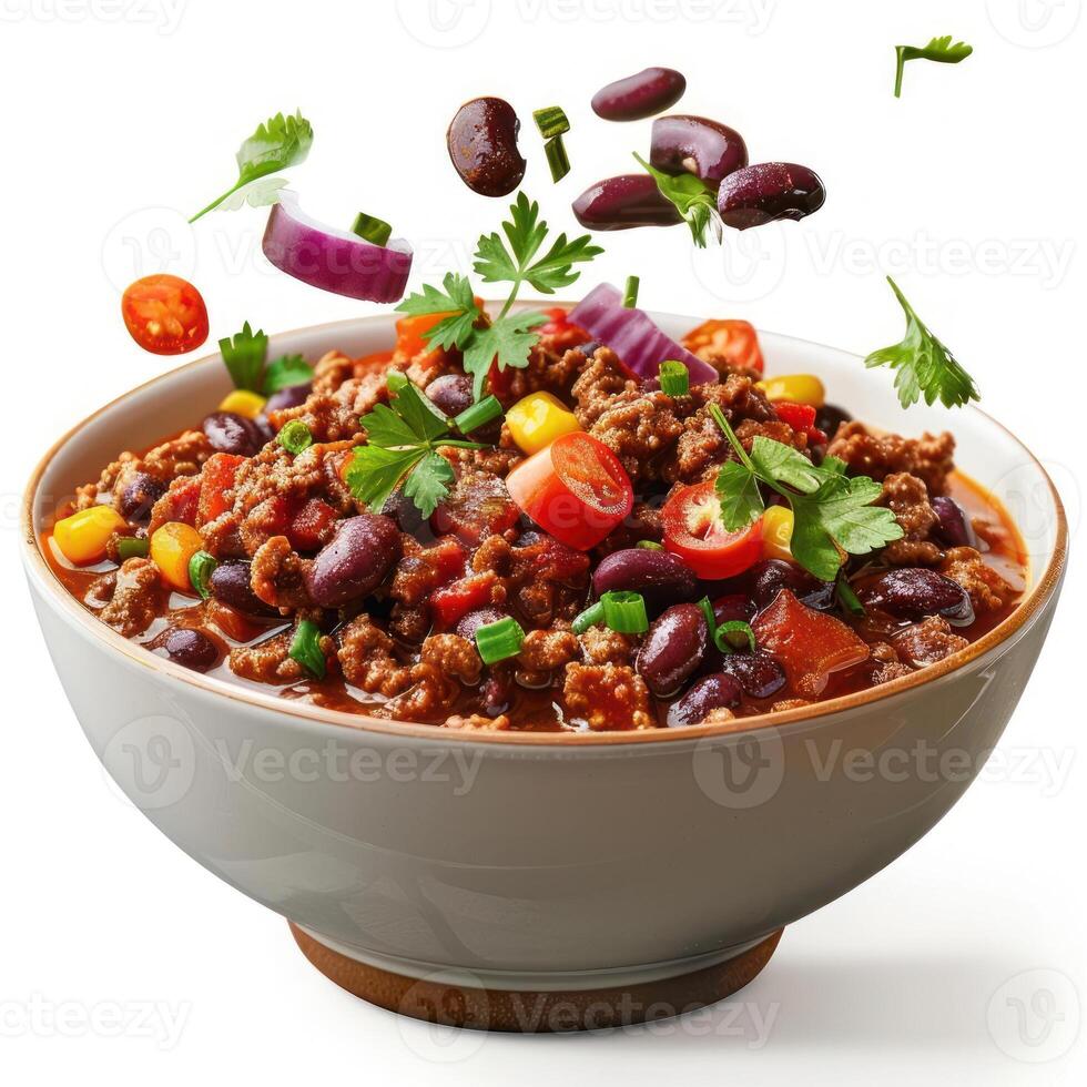 a white bowl filled with chili and beans photo