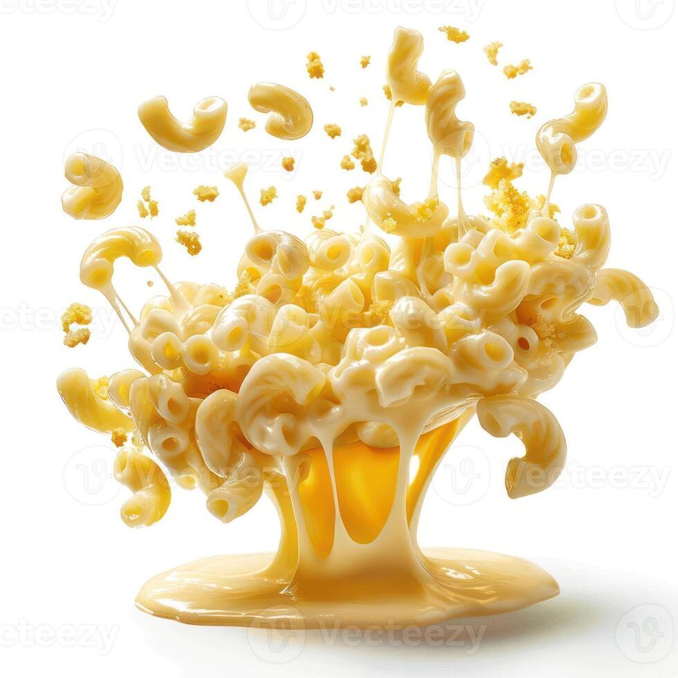 macaroni and cheese falling into a yellow liquid photo