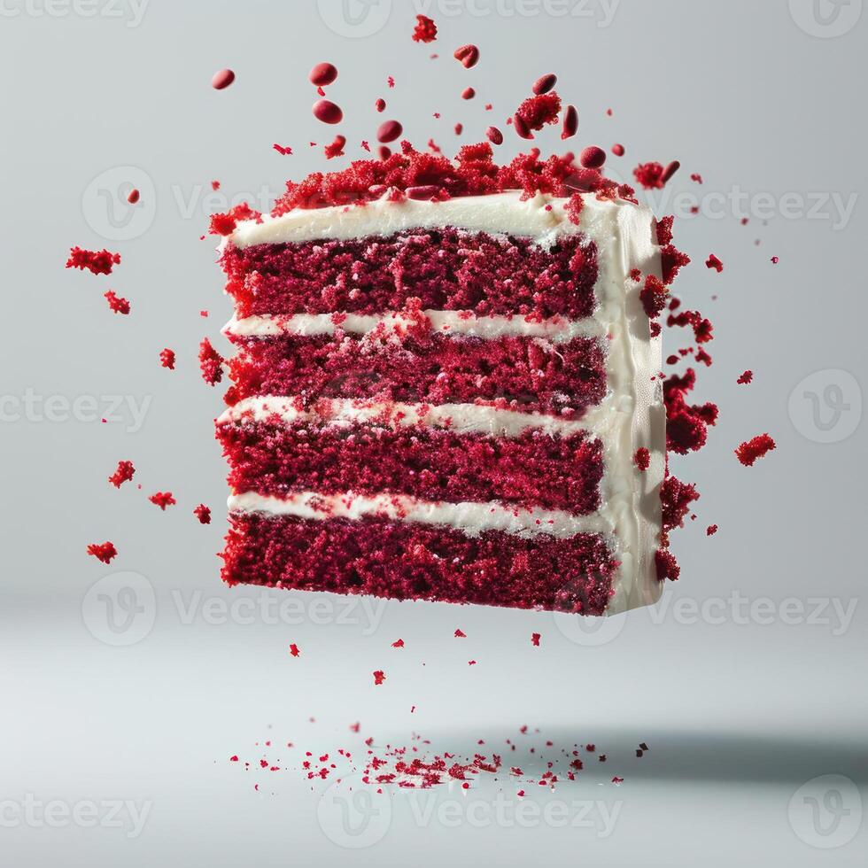 a slice of red velvet cake with white frosting and sprinkles photo