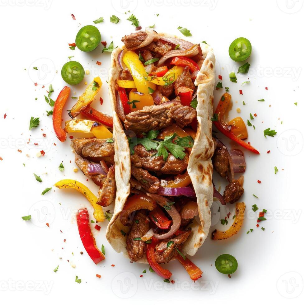 a white plate topped with three tacos covered in meat and veggies photo
