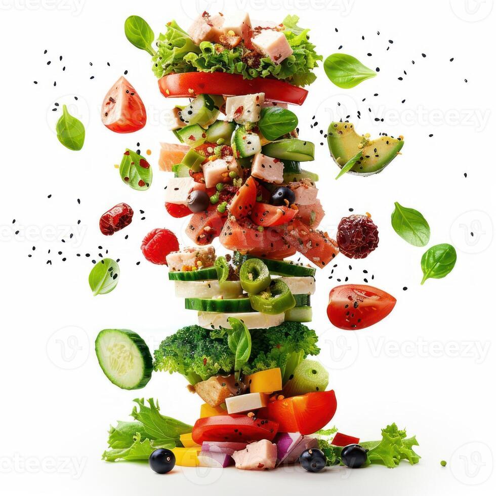 a stack of vegetables falling into the air photo
