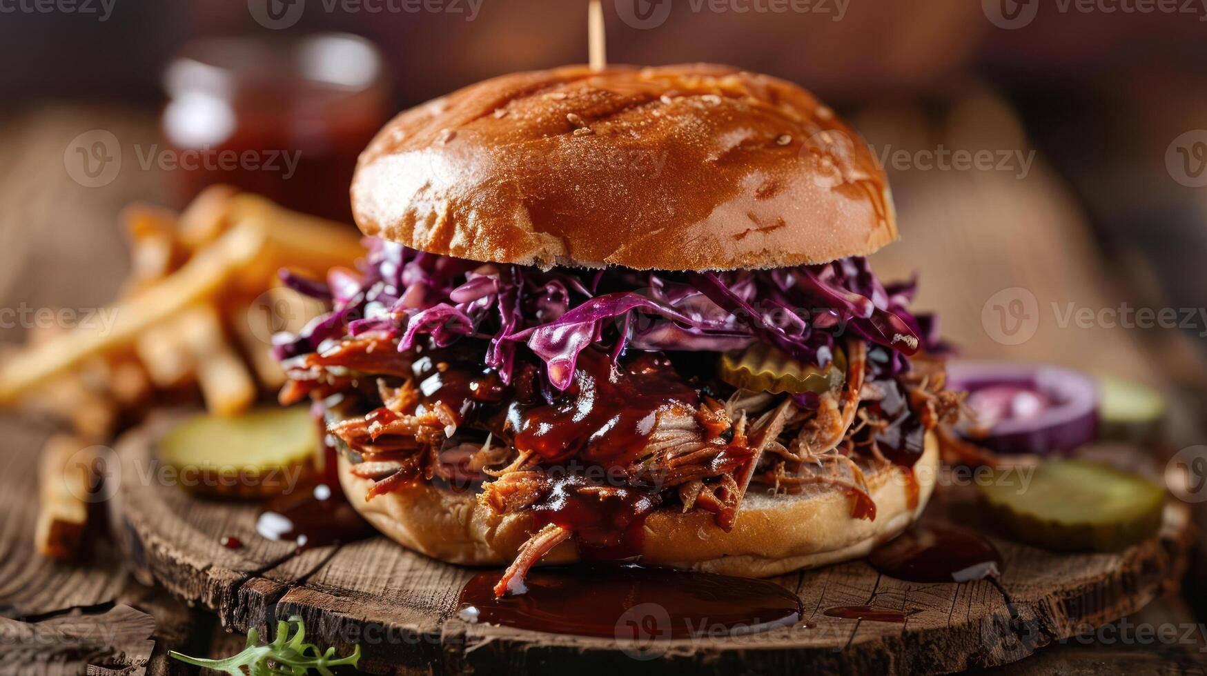 a pulled pork sandwich with coleslaw and pickles photo