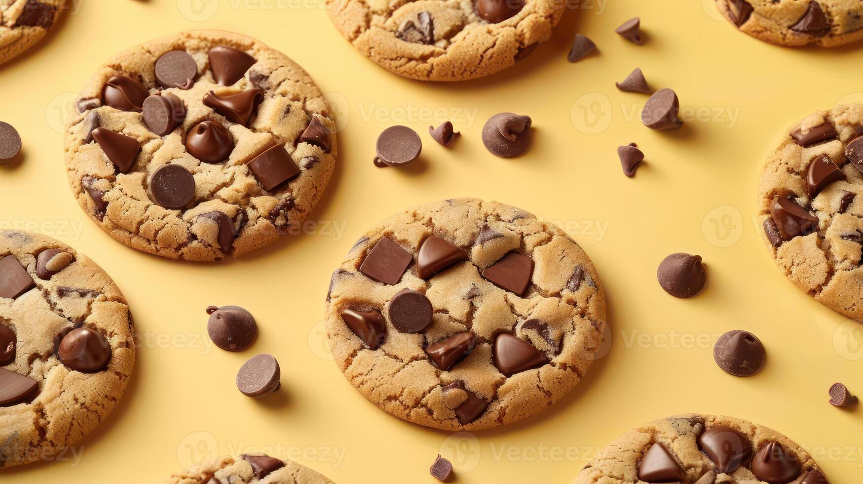 a close up of chocolate chip cookies on a yellow background photo