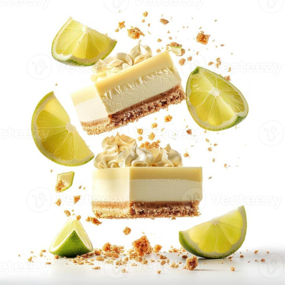 a slice of cake surrounded by lime slices photo