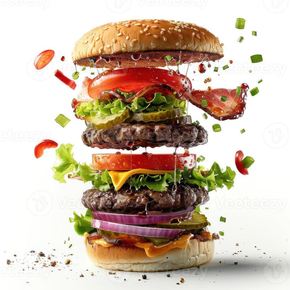 a stack of hamburgers with lettuce, tomato, and cheese photo
