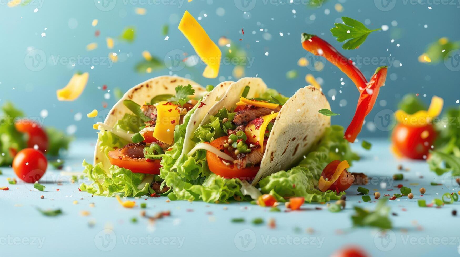 a group of tacos with lettuce and tomatoes photo
