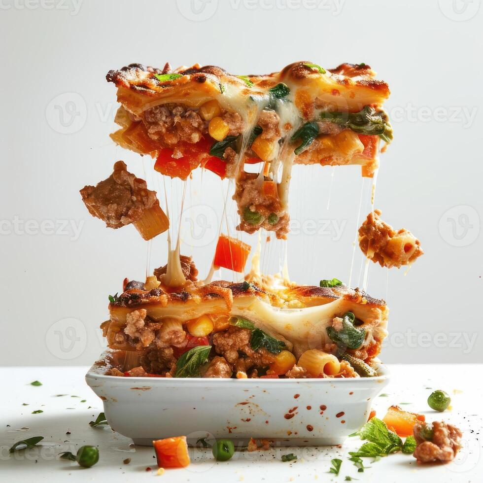 a white bowl filled with food on top of a table photo