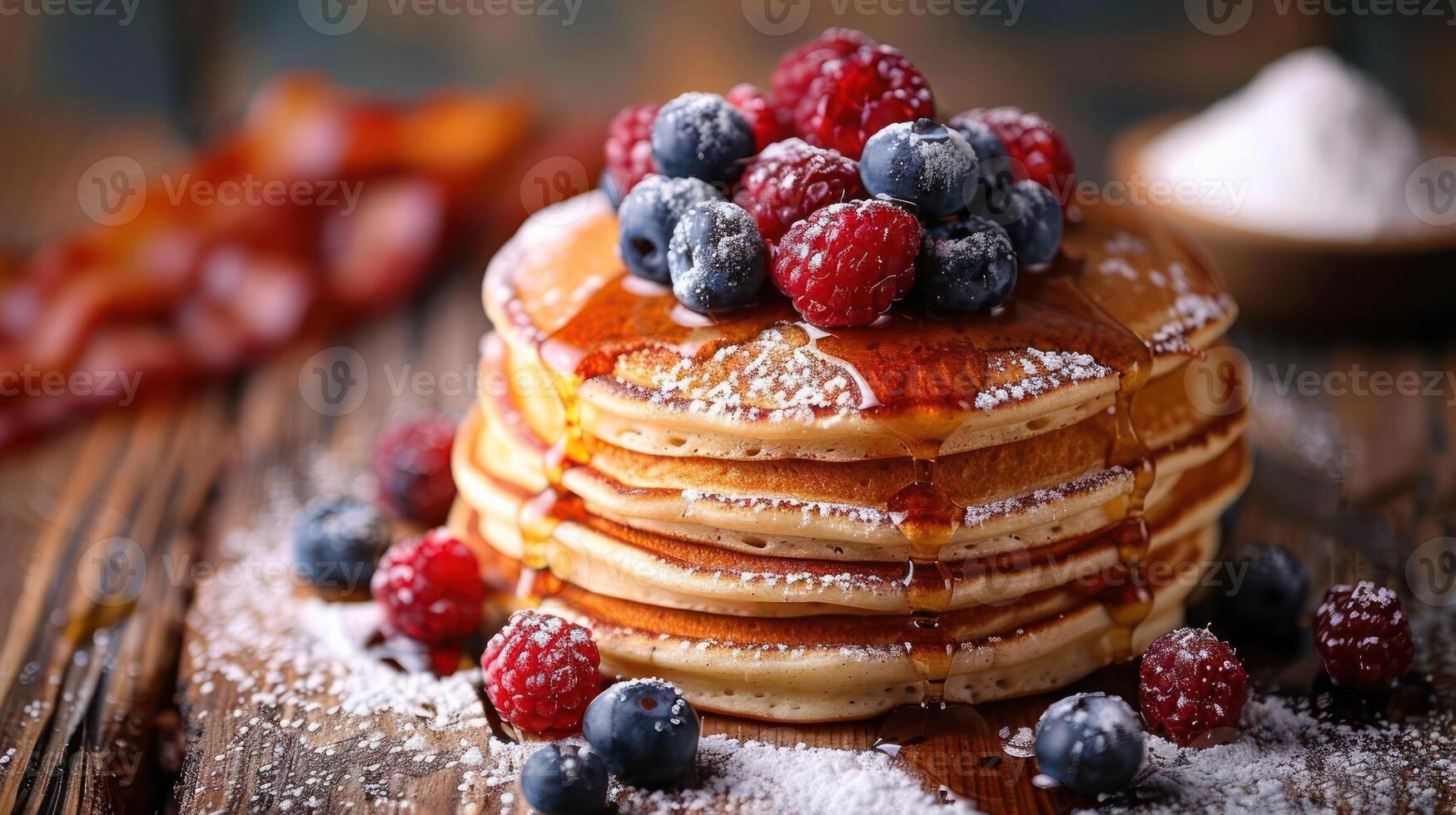 a stack of pancakes topped with berries and powdered sugar photo
