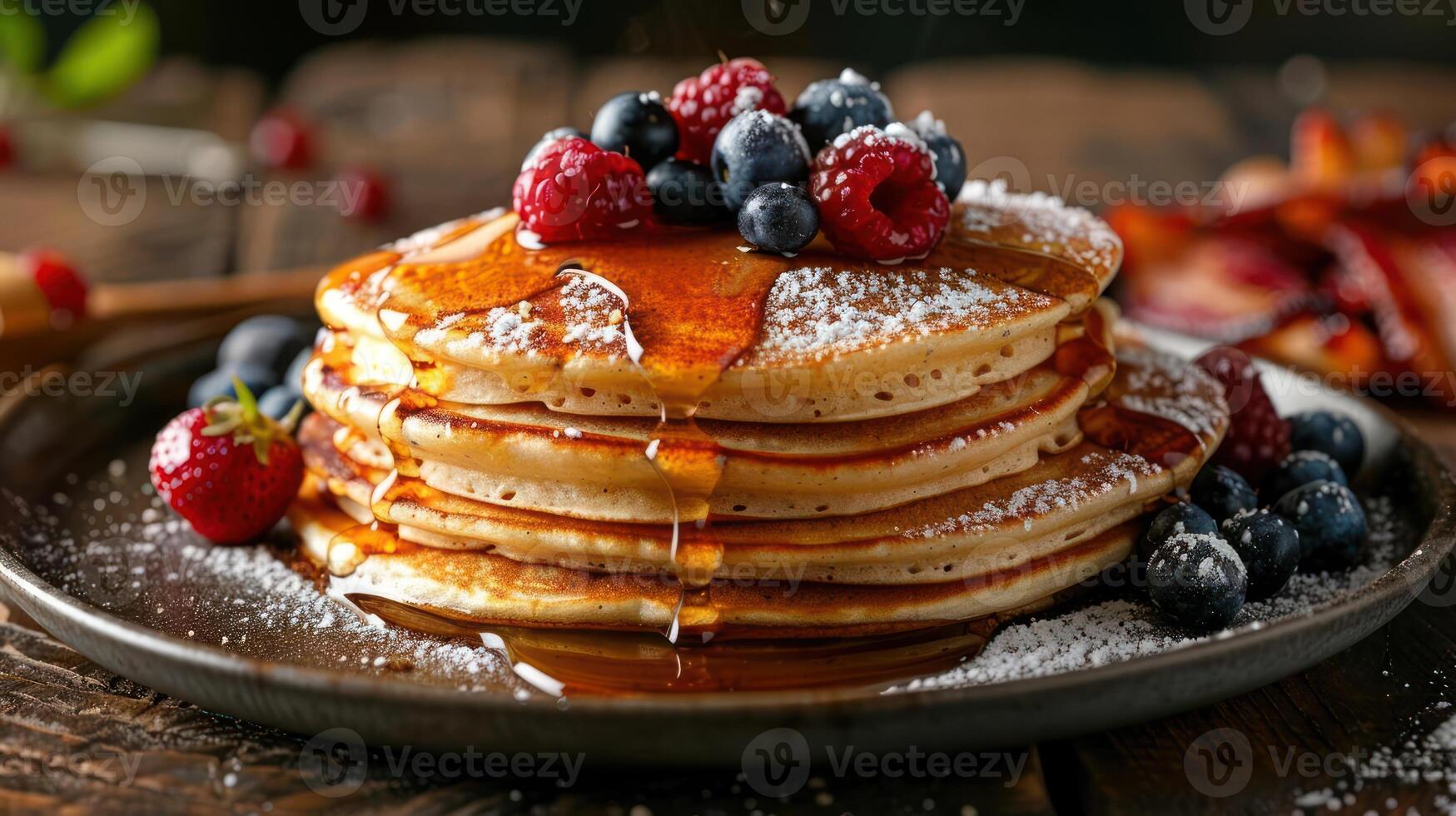 a stack of pancakes topped with berries and syrup photo