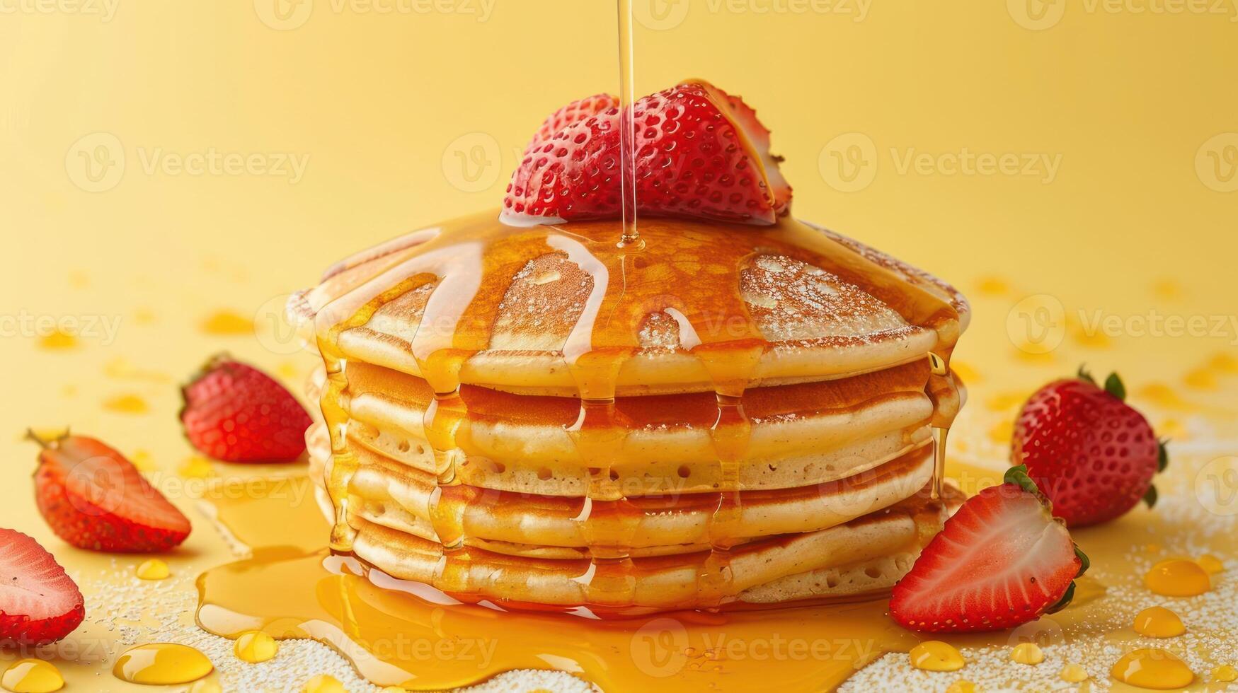 a stack of pancakes with syrup and strawberries photo