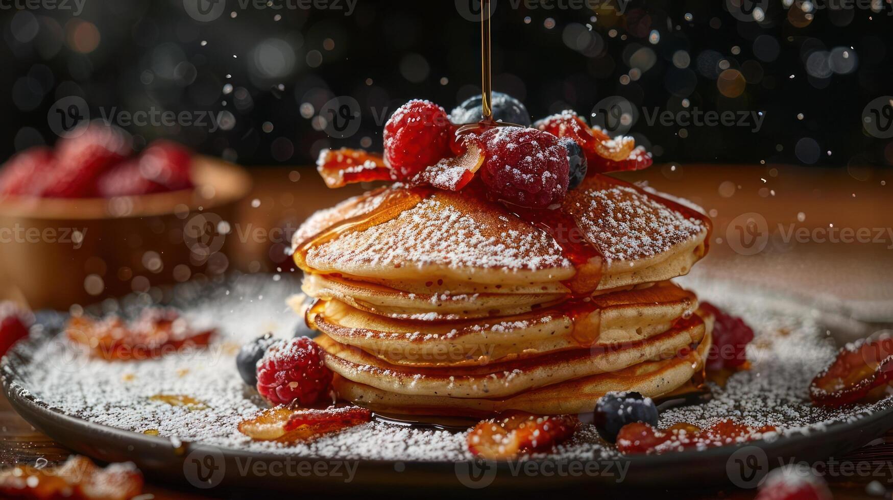 a stack of pancakes covered in powdered sugar and berries photo