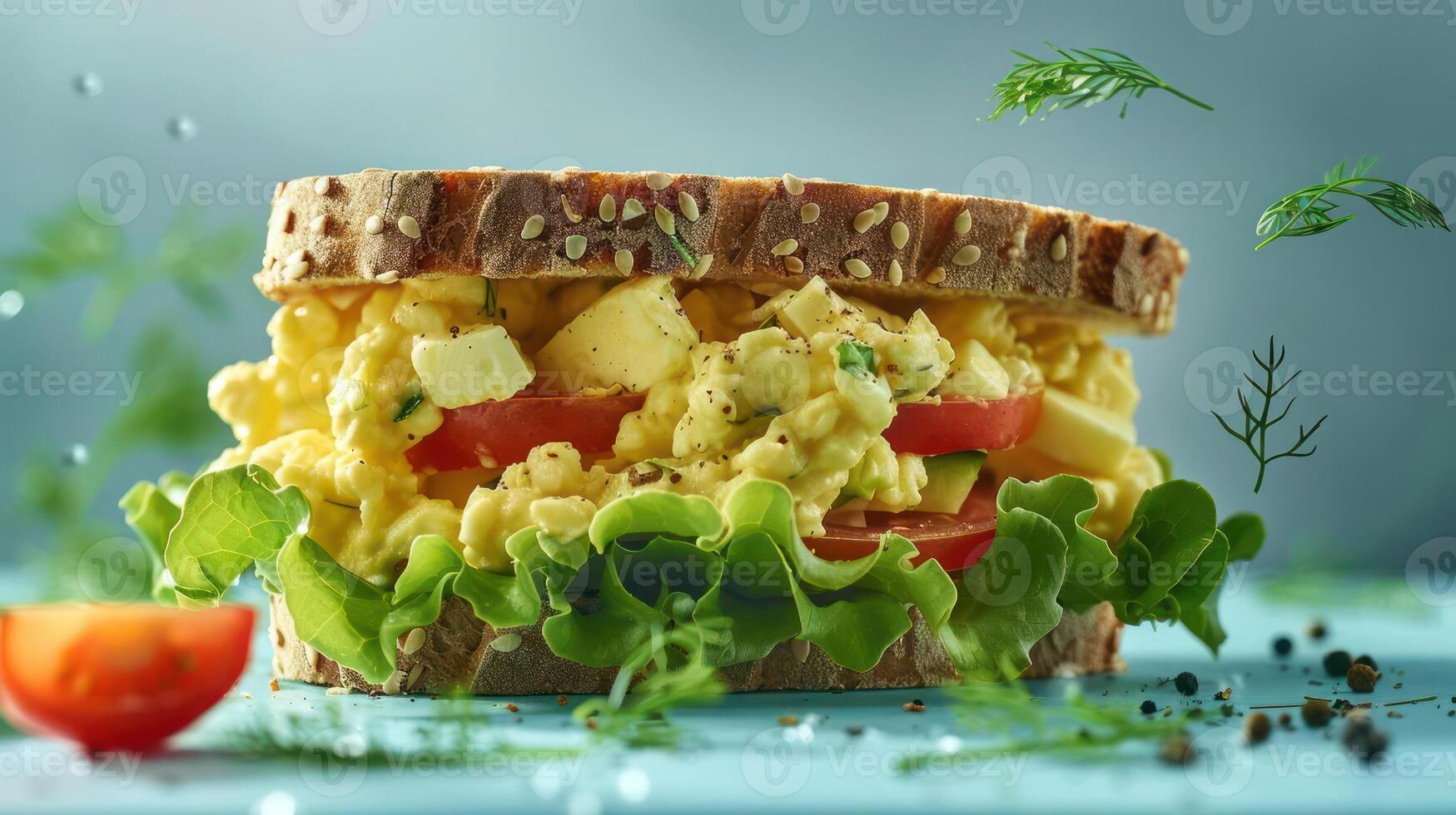 an egg salad sandwich with lettuce and tomatoes photo
