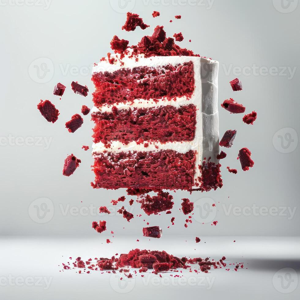 a slice of red velvet cake with white frosting photo
