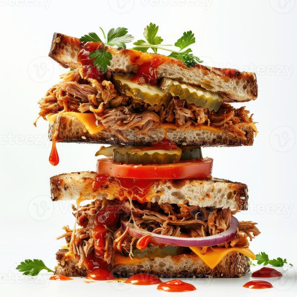 a stack of sandwiches with meat, cheese, tomatoes, and pickles photo