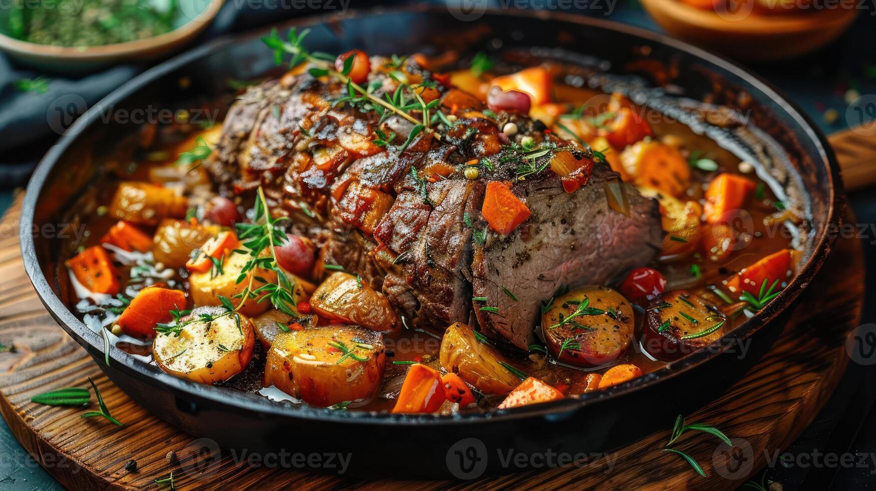 a pot roast with carrots, potatoes and herbs photo