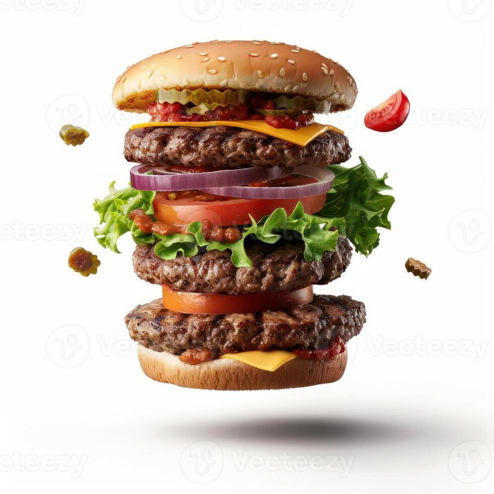 a hamburger flying through the air with lettuce and tomatoes photo