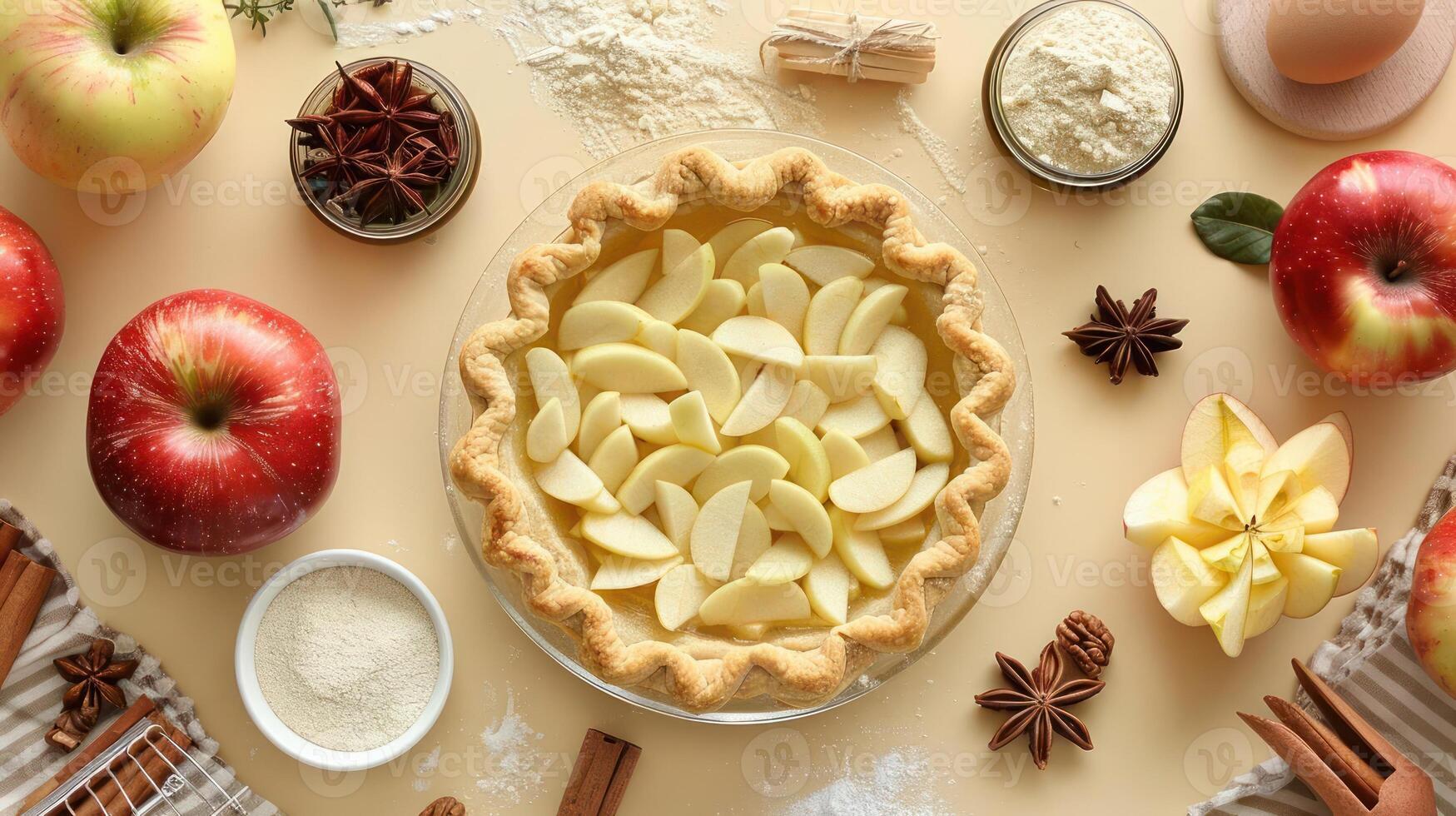 a pie sitting on top of a table covered in apples photo