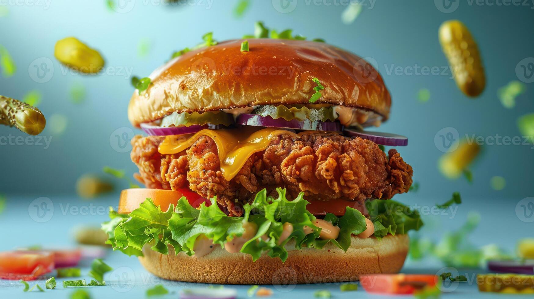 a chicken sandwich on a bun with lettuce and tomatoes photo
