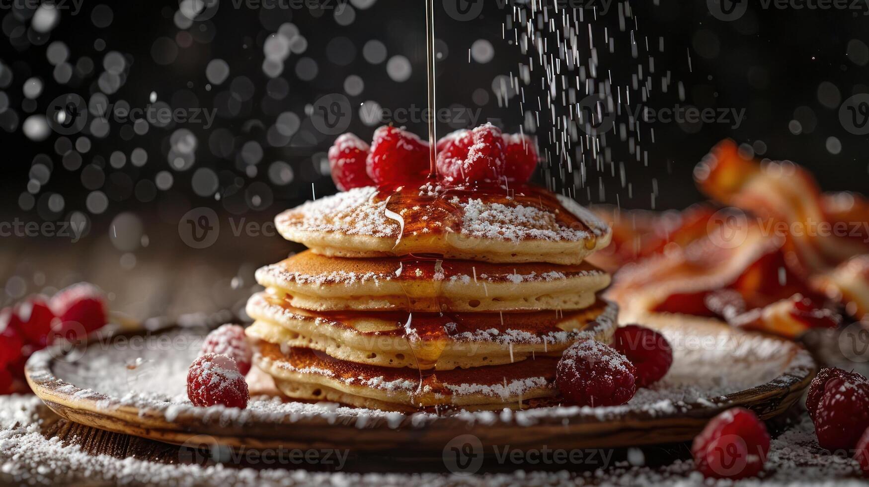 a stack of pancakes covered in powdered sugar and raspberries photo