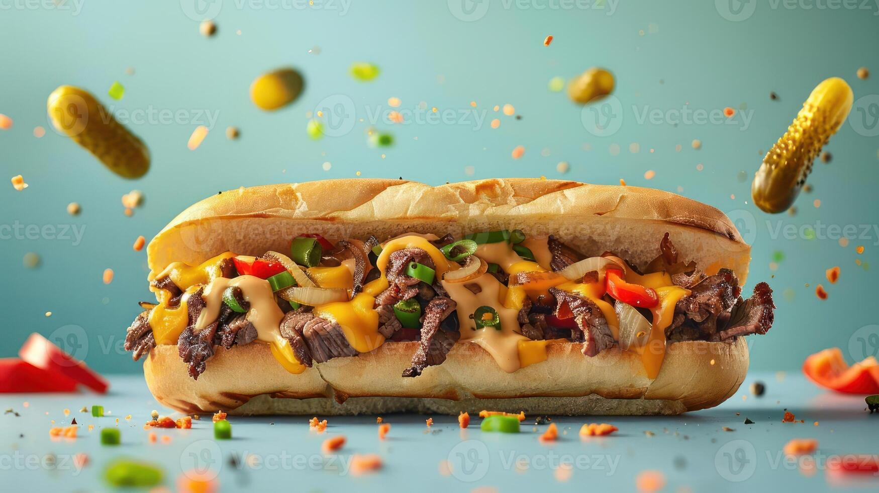 a sandwich with meat, cheese, and vegetables on it photo
