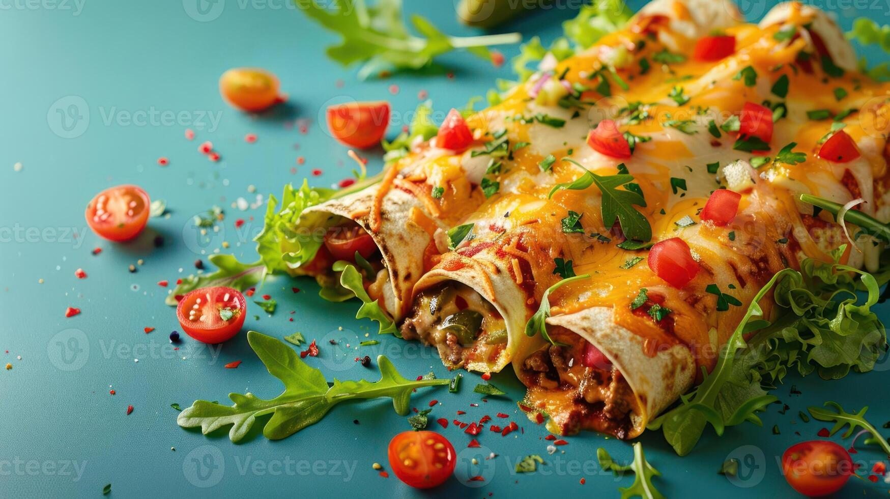 a close up of a burrito on a blue surface photo