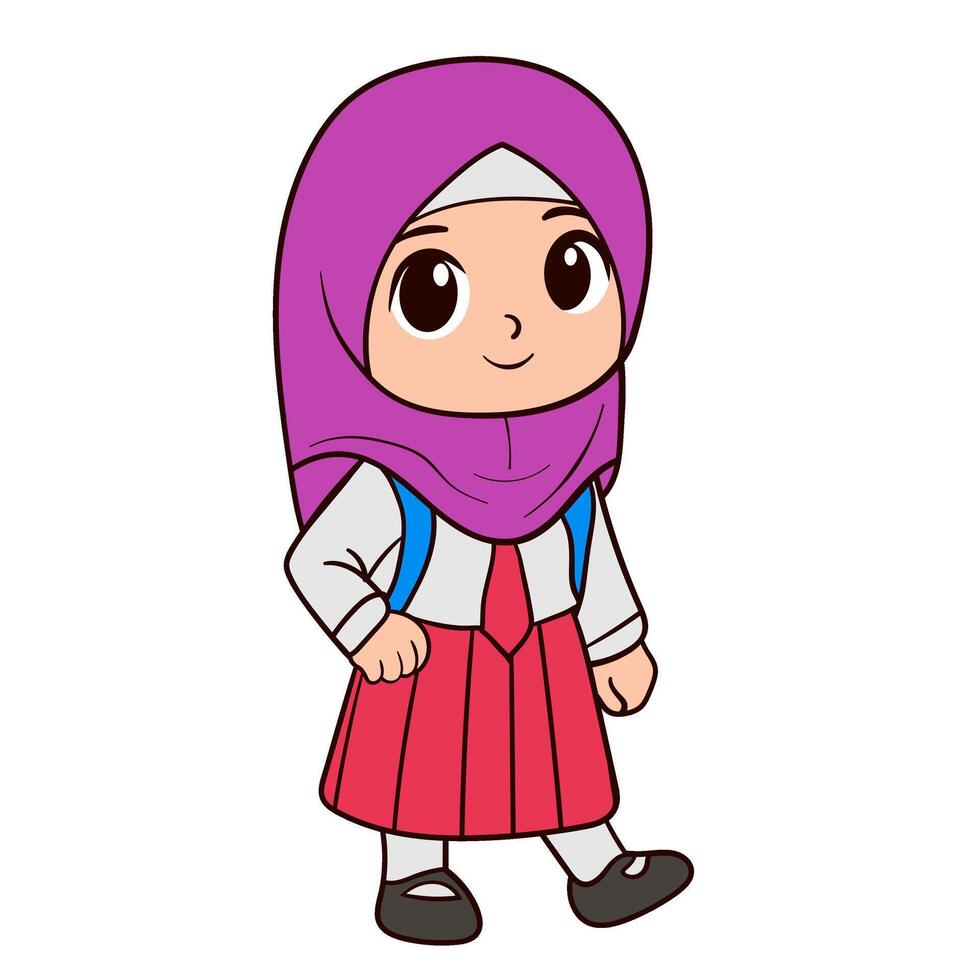 Cute Muslim Girl Smiling with Her Backpack vector