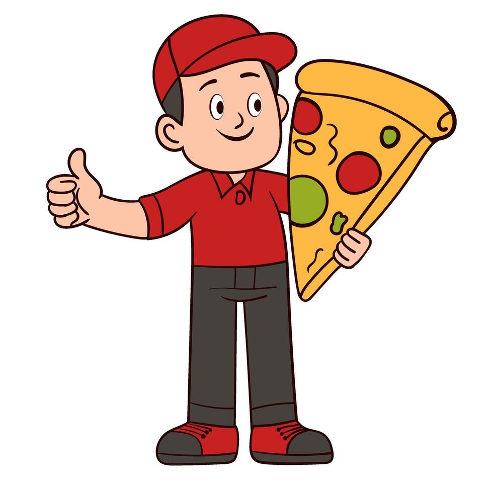 Pizza Courier Smiling and Holding Pizza with Thumbs Up vector