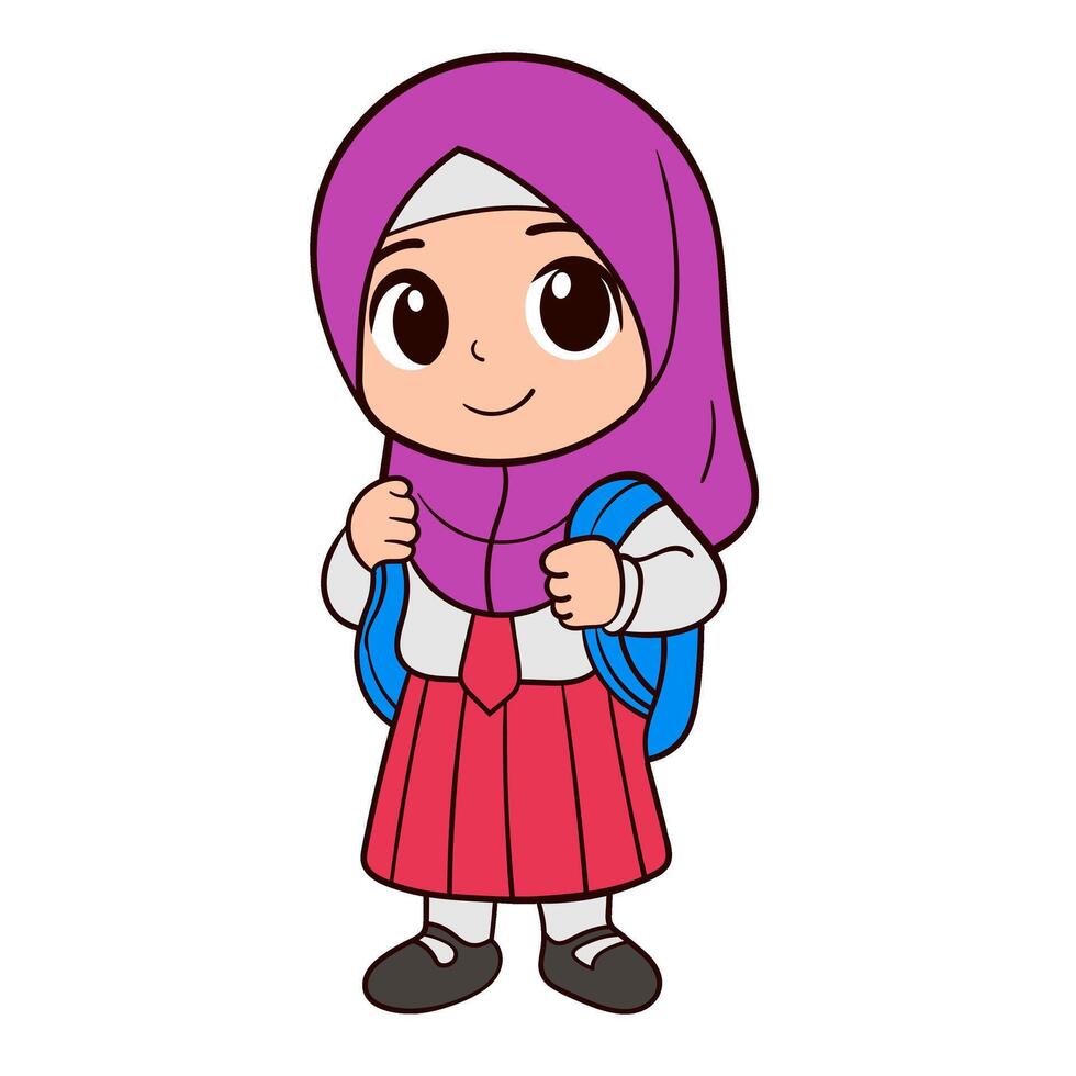 Happy Muslim Girl with Her Backpack and Smile vector