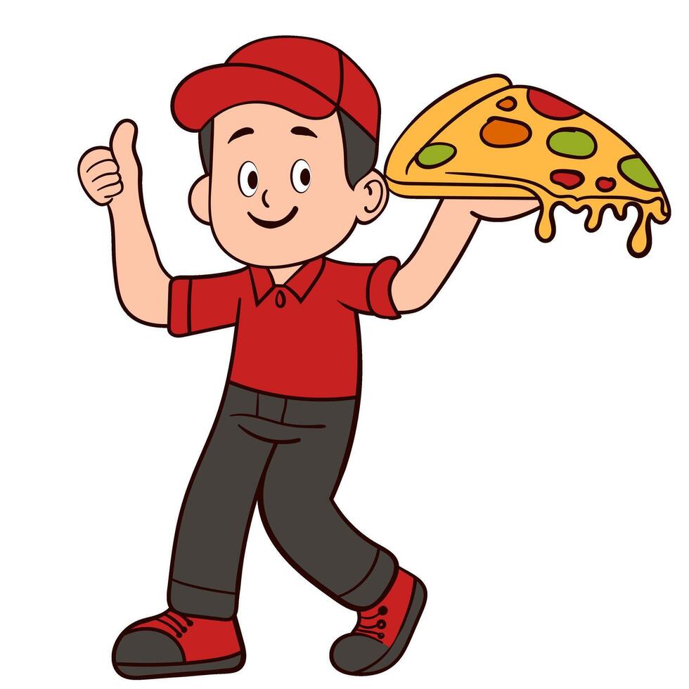 Pizza Courier Smiling and Holding Delicious Pizza Slice vector