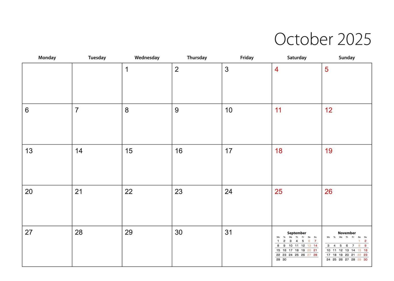October 2025 simple calendar planner, week starts from Monday. vector