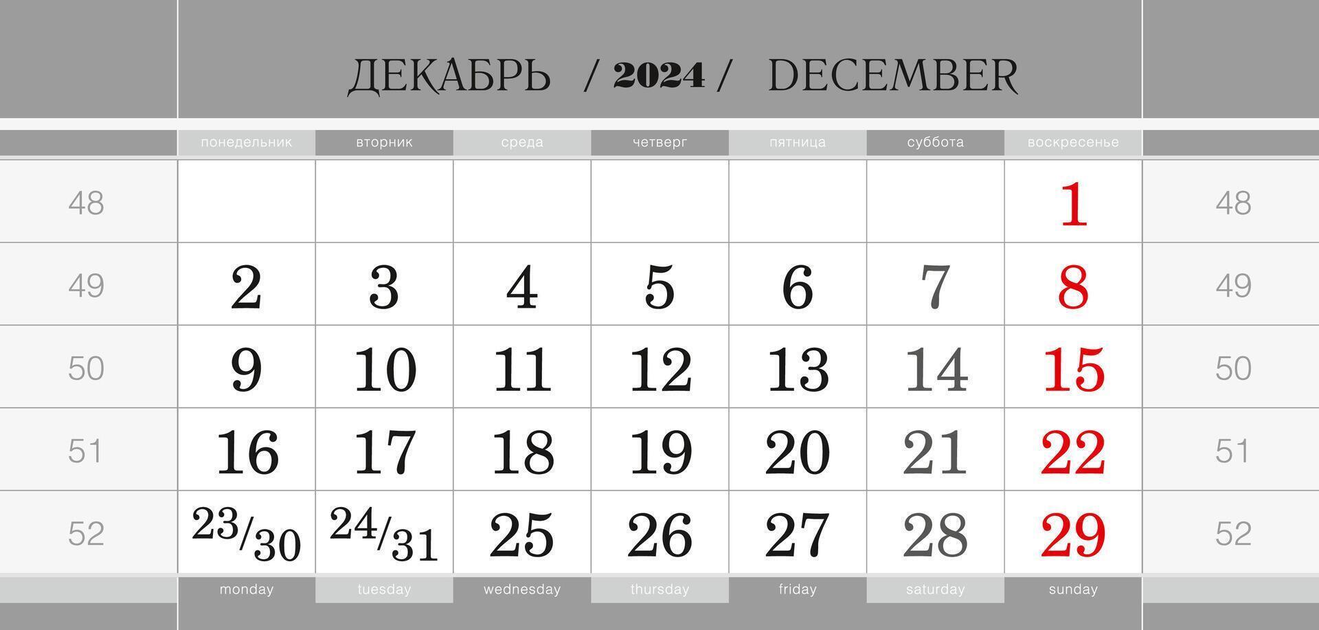 Calendar quarterly block for 2025 year, December 2024. Wall calendar, English and Russian language. Week starts from Monday. vector