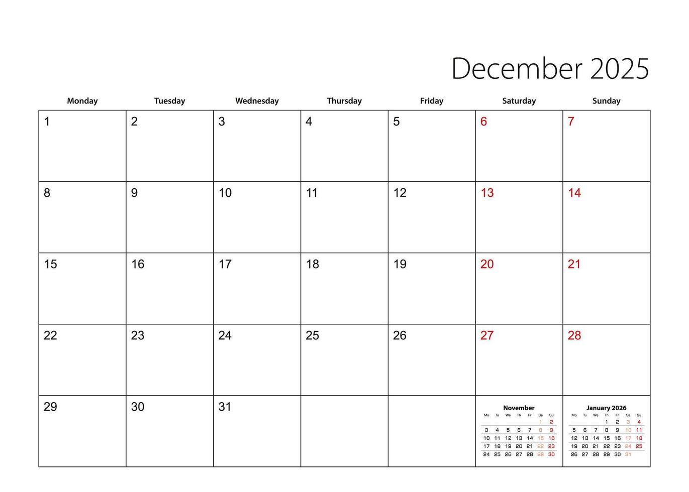 December 2025 simple calendar planner, week starts from Monday. vector