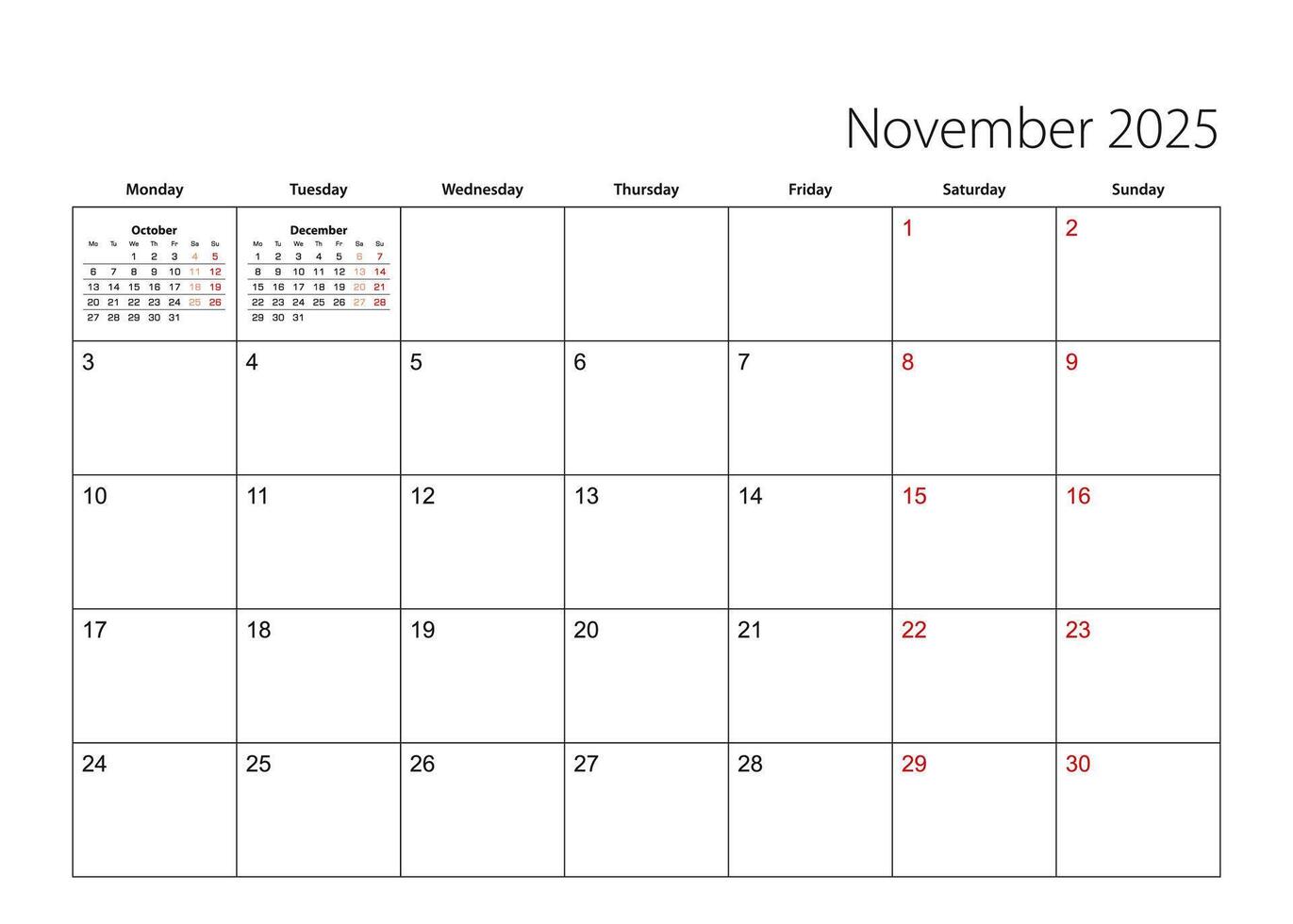 November 2025 simple calendar planner, week starts from Monday. vector